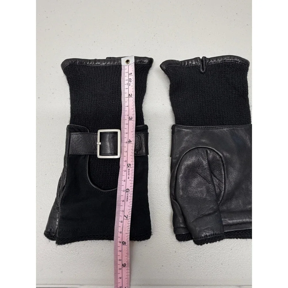 Carolina Amato Black Lambskin Leather Cashmere Wool Fingerless Buckle Gloves